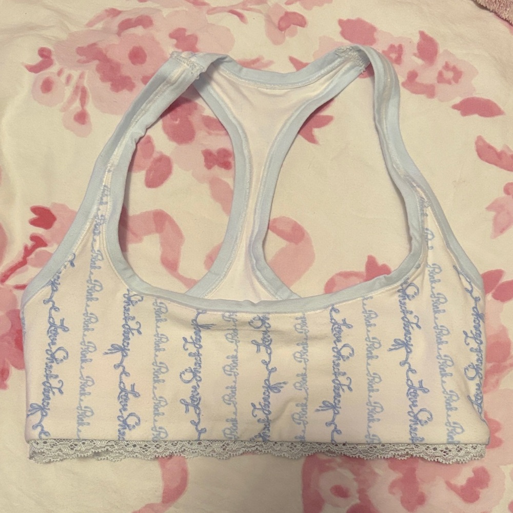 LoveShackFancy Blue and White Patterned Sports Bra
